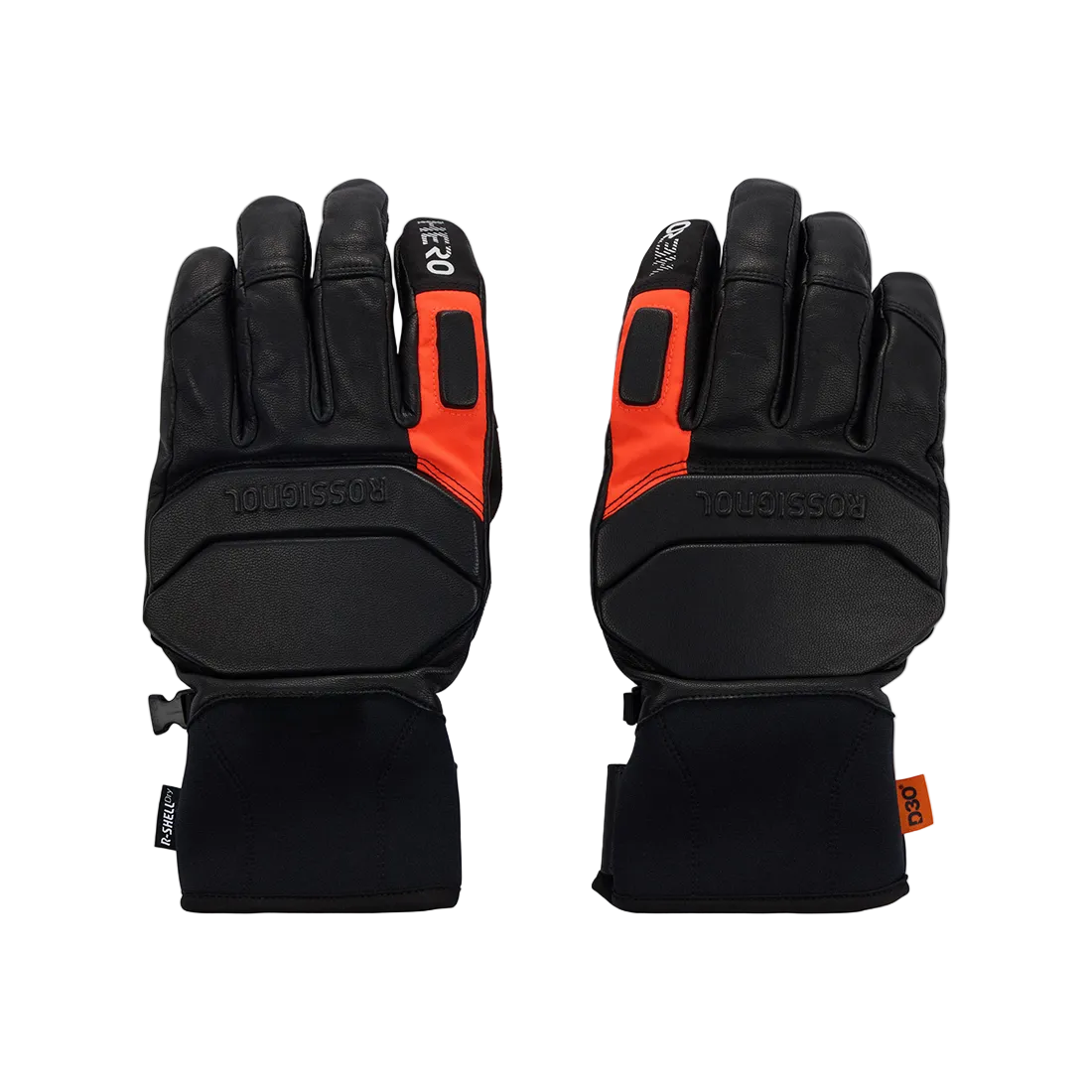 Front view of black Rossignol Hero R-Shell Dry Ski Gloves featuring an Imp'R waterproof membrane, low-bulk synthetic insulation, pre-curved fingers, reinforced palms, and an adjustable neoprene cuff.