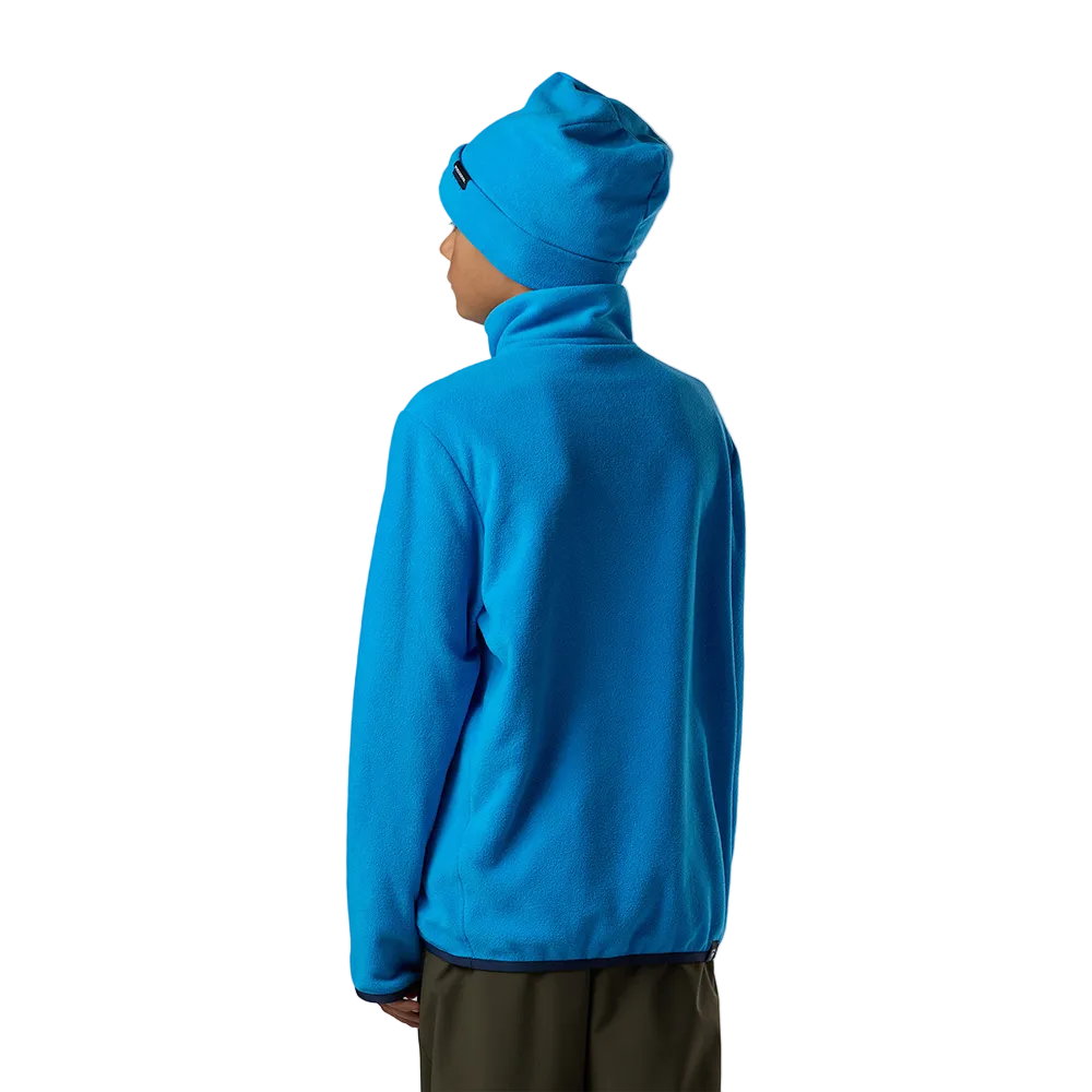 Rear view of a blazing blue Rossignol Jr 1/4 Zip Polar Fleece featuring high-density microfleece construction, deep 1/4 zip front closure, and an ergonomic stand-up collar.