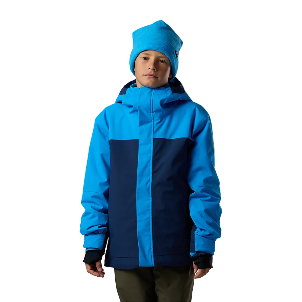 Front view of a blazing blue Rossignol Jr Strawpile Insulated Jacket featuring waterproof membrane fabric, body-mapped recycled synthetic insulation, adjustable hood, integrated powder skirt, and zippered sleeve pass pocket.
