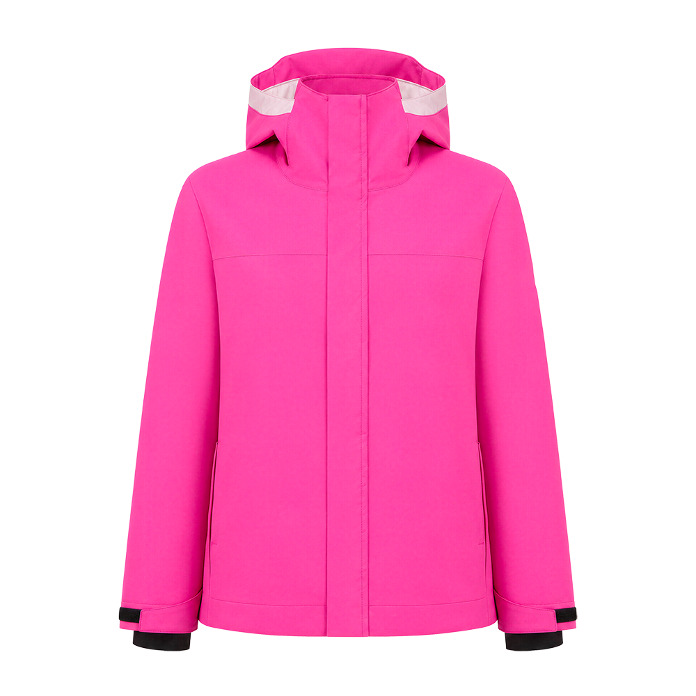 Front view of an electric fuschia Rossignol Jr Strawpile Insulated Jacket featuring waterproof membrane fabric, body-mapped recycled synthetic insulation, adjustable hood, integrated powder skirt, and zippered sleeve pass pocket.