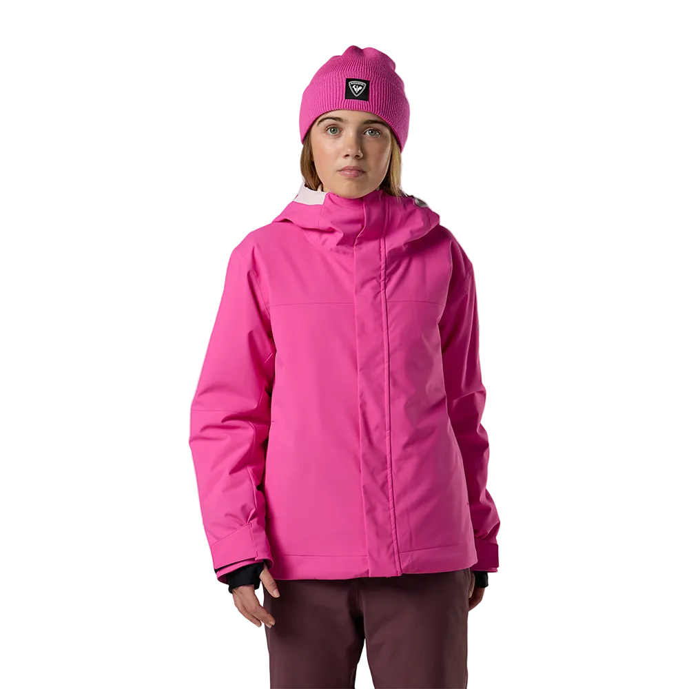 Front view of an electric fuschia Rossignol Jr Strawpile Insulated Jacket featuring waterproof membrane fabric, body-mapped recycled synthetic insulation, adjustable hood, integrated powder skirt, and zippered sleeve pass pocket.