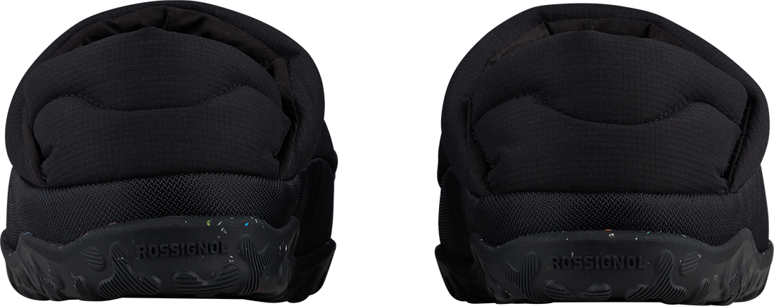 Rear view of a black Rossignol Men’s Chalet Shoes featuring a water-resistant insulated upper, slip-on design with heel pull tab, cushioned EVA midsole, and high-grip rubber outsole.