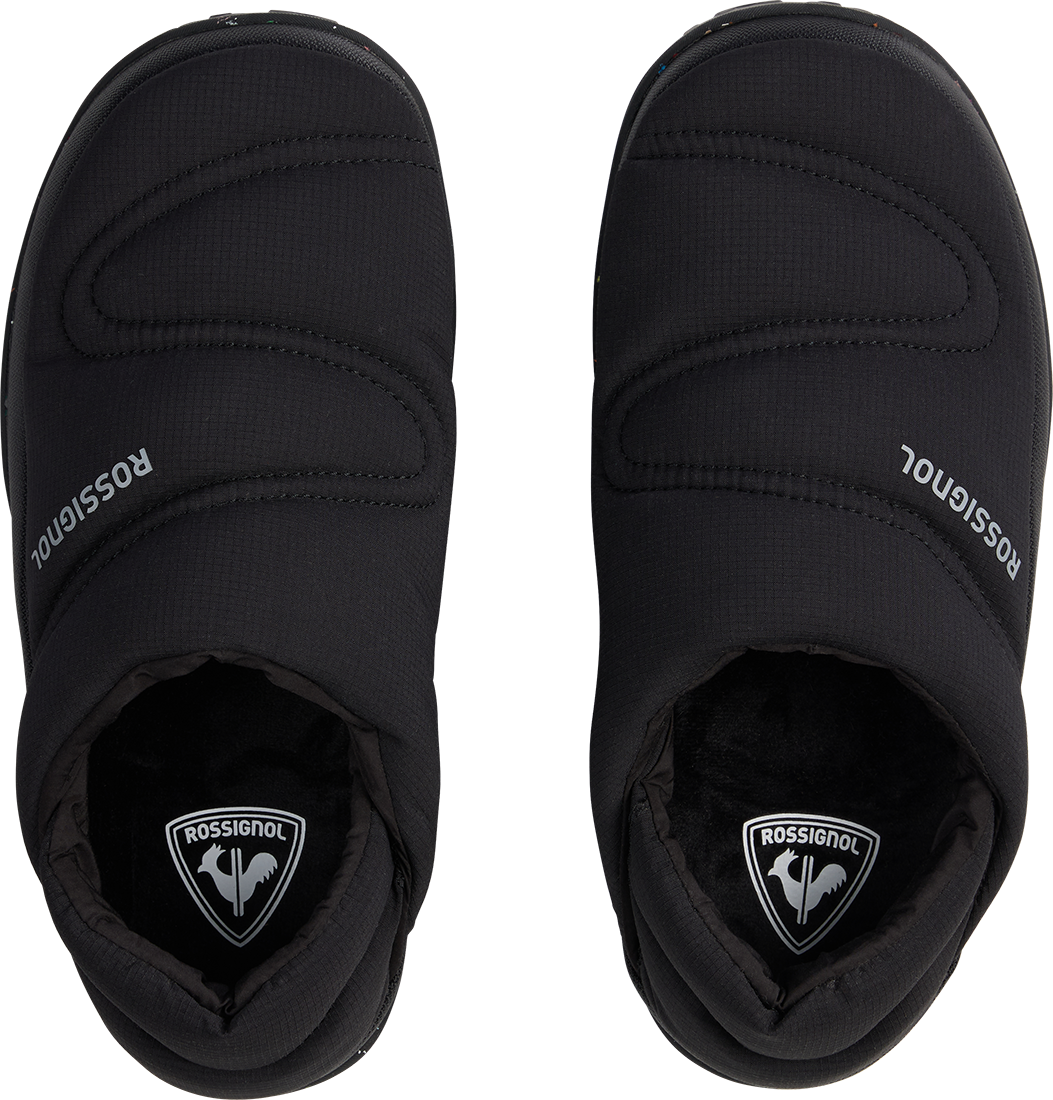Top view of a black Rossignol Men’s Chalet Shoes featuring a water-resistant insulated upper, slip-on design with heel pull tab, cushioned EVA midsole, and high-grip rubber outsole.