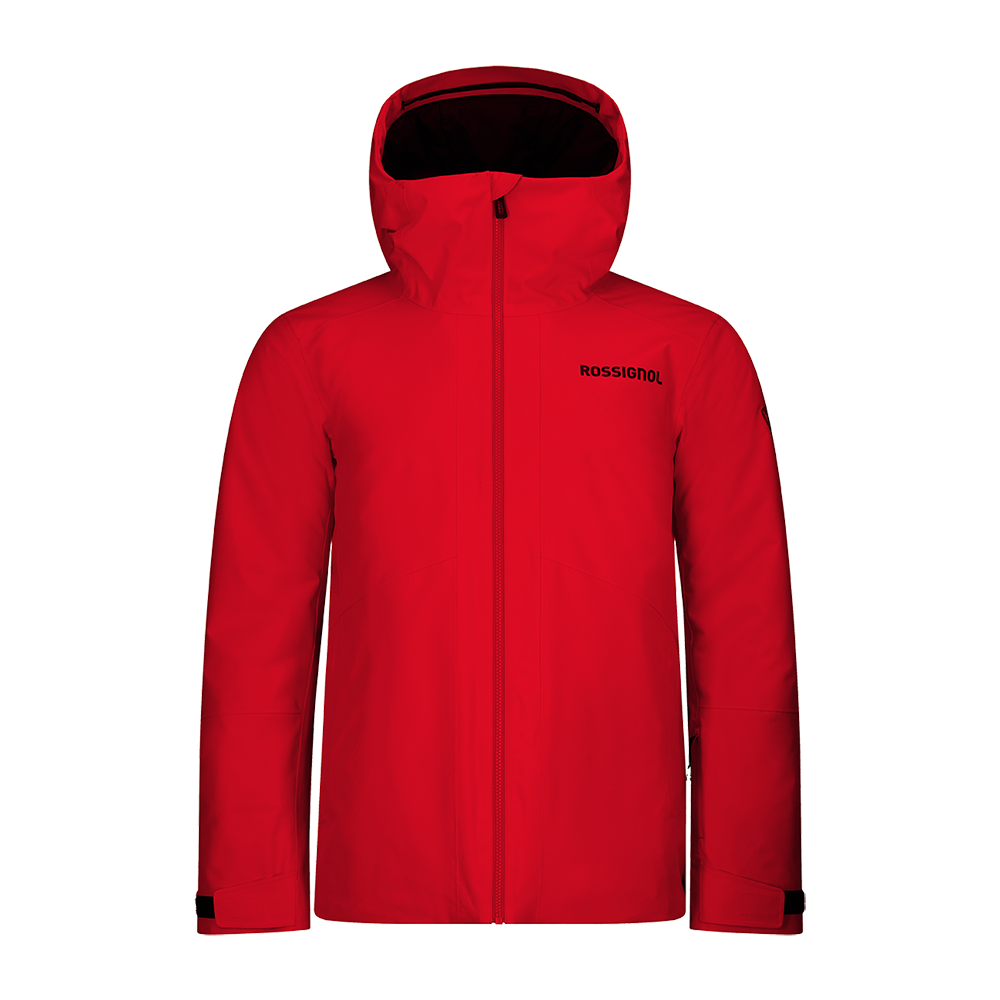 Front view of a red Rossignol Men’s Rochrun Insulated Jacket featuring waterproof membrane fabric, synthetic insulation, helmet-compatible hood, and zippered underarm pit vents.