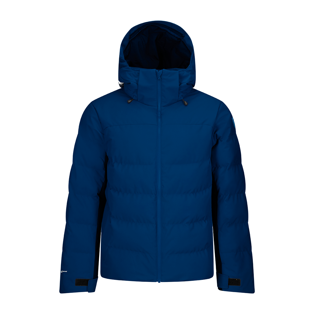 Front view of a navy blue Rossignol Men’s Sizle Insulated Jacket featuring waterproof membrane fabric, synthetic insulation, adjustable hood, and underarm pit vents.