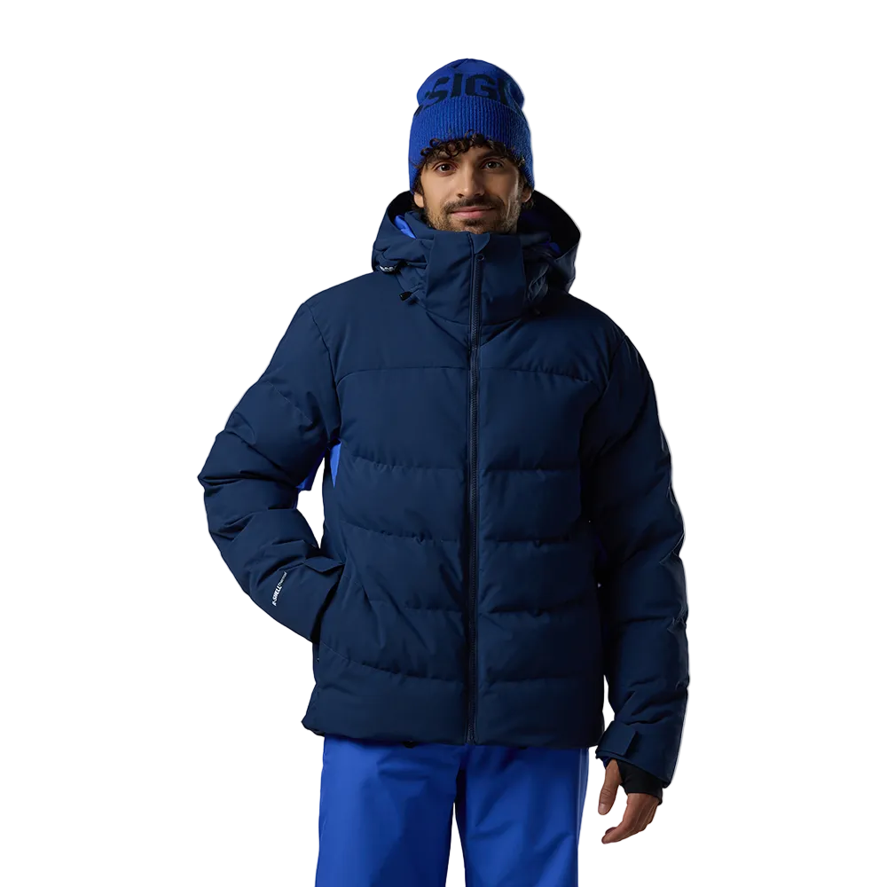 Front view of a navy blue Rossignol Men’s Sizle Insulated Jacket featuring waterproof membrane fabric, synthetic insulation, adjustable hood, and underarm pit vents.