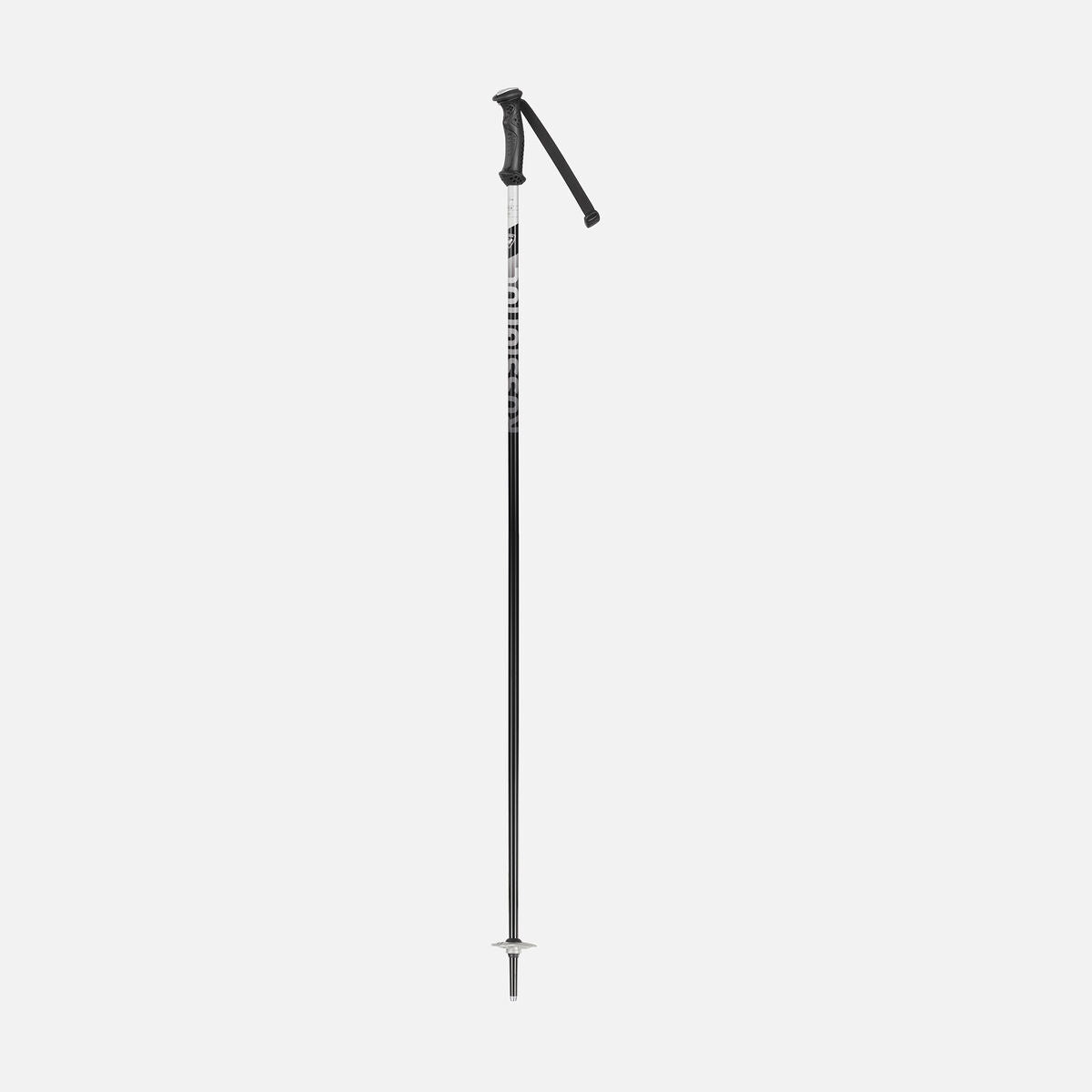 A pair of black and white Rossignol Tactic Junior Ski Poles that feature a lightweight aluminum shaft designed for kids.