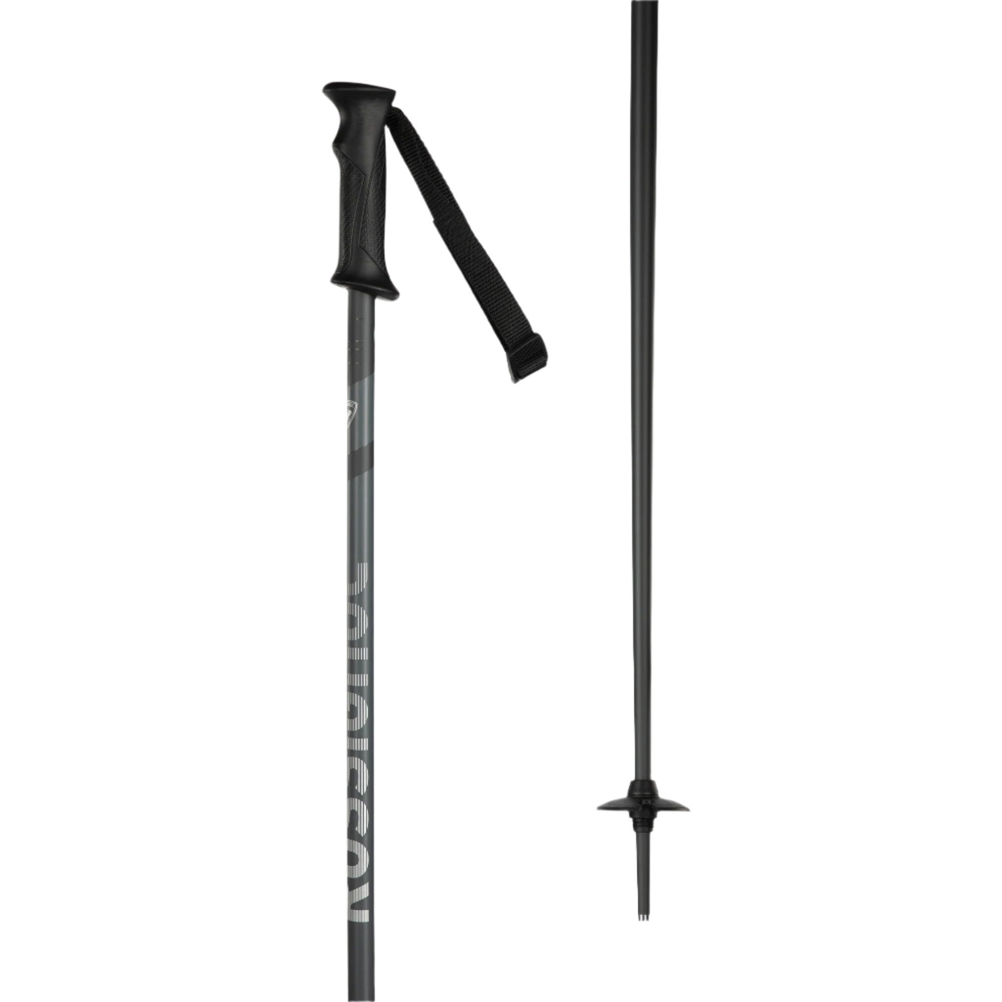 A gray Rossignol Tactic Ski Pole that is designed for men that features a lightweight aluminum shaft and an all-mountain basket.