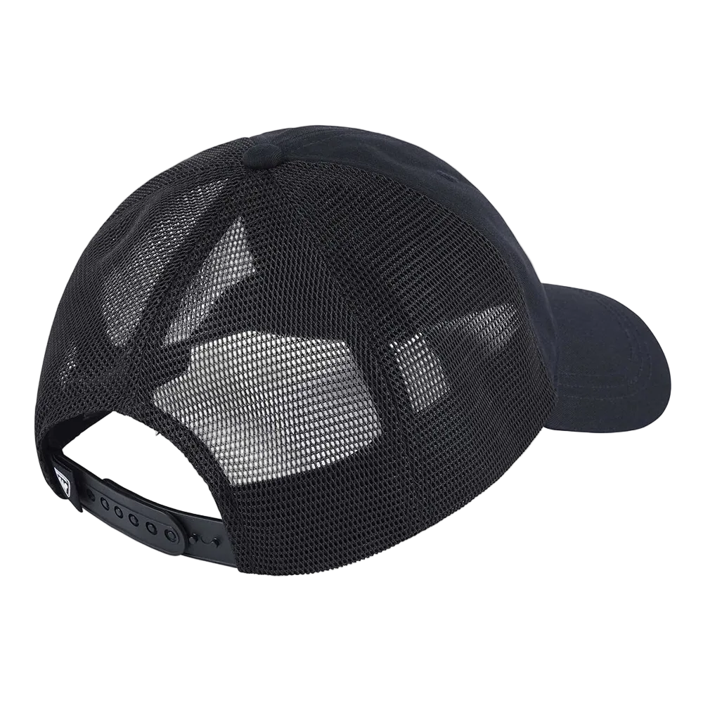 Rear view of a black Rossignol Trucker Cap featuring a structured front panel, pre-curved visor, breathable rear mesh panels, and an adjustable snapback closure.