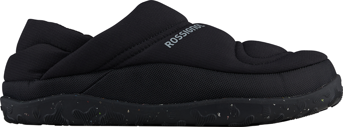 Side view of a black/grey Rossignol Women’s Chalet Shoes featuring a water-resistant insulated upper, slip-on stretch cuff with heel pull tab, cushioned EVA midsole, and high-traction rubber outsole.