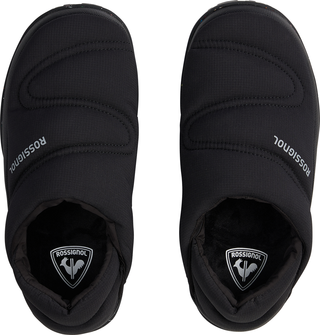 Top view of a black/grey Rossignol Women’s Chalet Shoes featuring a water-resistant insulated upper, slip-on stretch cuff with heel pull tab, cushioned EVA midsole, and high-traction rubber outsole.