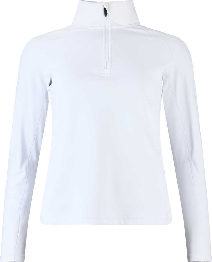 Front view of a white Rossignol Women’s Midlayer Stretch 1/2 Zip Sweater featuring multi-directional stretch knit, thermal fleece interior, deep half-zip front zipper, and an ergonomic stand-up collar.