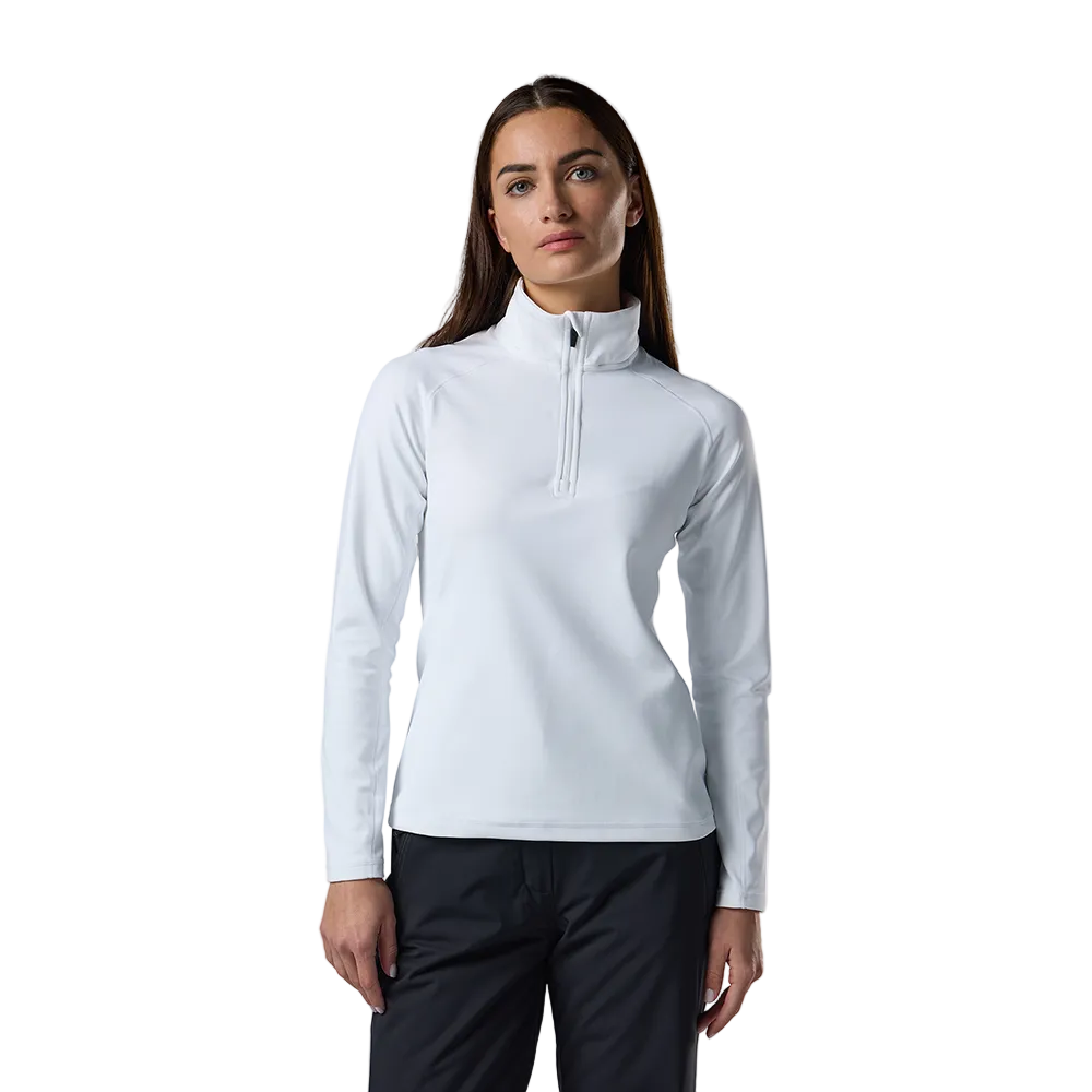 Front view of a white Rossignol Women’s Midlayer Stretch 1/2 Zip Sweater featuring multi-directional stretch knit, thermal fleece interior, deep half-zip front zipper, and an ergonomic stand-up collar.