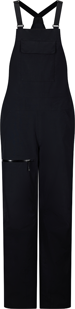 Front view of black Rossignol Women’s Outerlimits Insulated Bib Pants featuring high-chest bib construction, waterproof membrane fabric, adjustable suspenders, zippered inner thigh vents, integrated boot gaiters, and reinforced hem scuff guards.