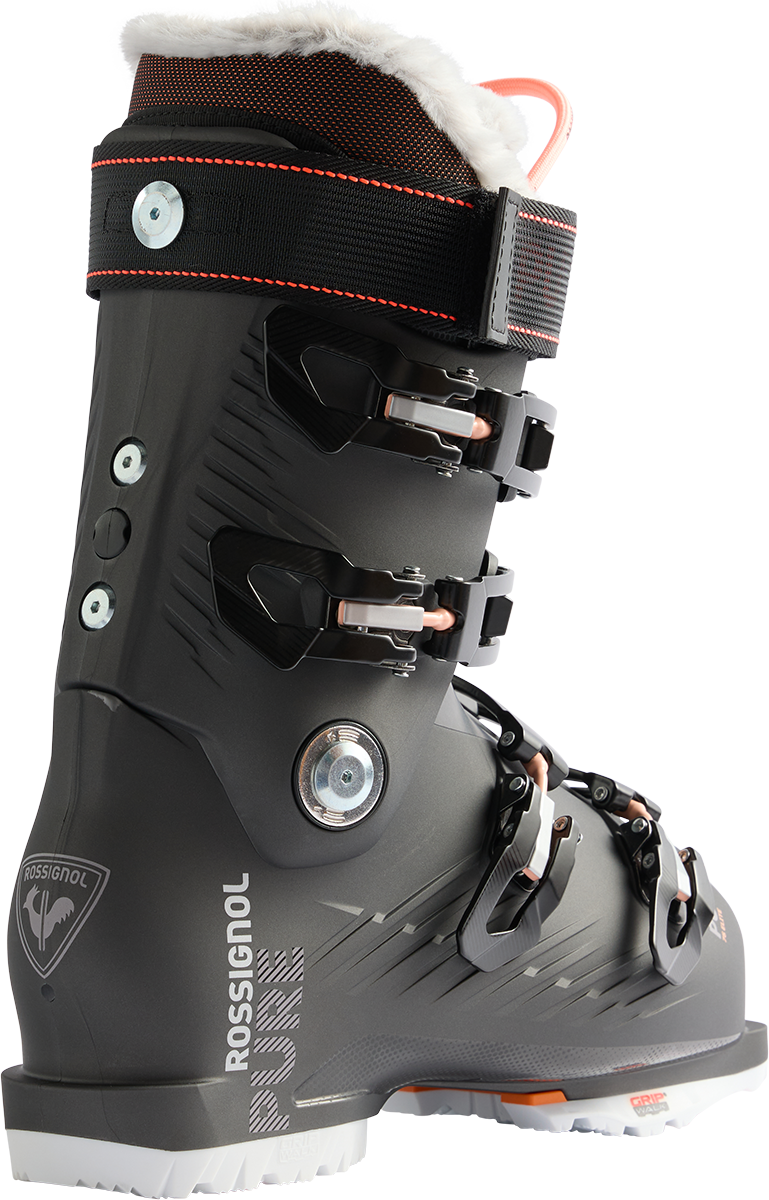 Rossignol Women's Pure 75 Elite GW Ski Boots 2027 featuring a low-volume fit, 75 flex, four-buckle closure, and GripWalk soles.