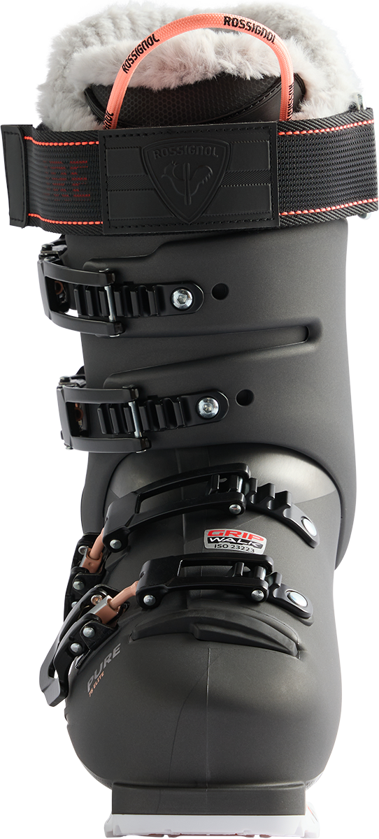 Rossignol Women's Pure 75 Elite GW Ski Boots 2027 featuring a low-volume fit, 75 flex, four-buckle closure, and GripWalk soles.
