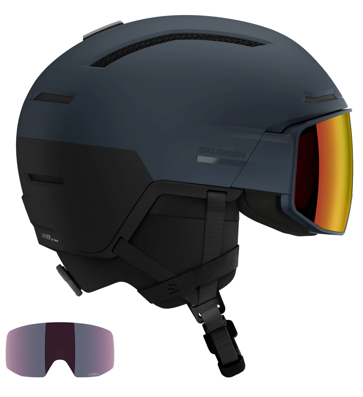 A Salomon Driver Prime Sigma Plus Mips Helmet showing a hybrid shell with top ventilation ports, an integrated mirrored visor lens with a gradient tint, padded ear covers, and an adjustable chin strap system.