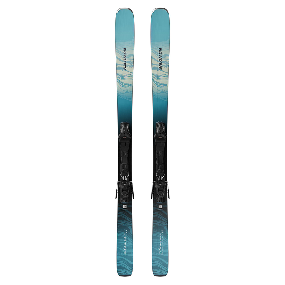 A pair of blue and black Salomon E Stance W 80 women's skis that are designed for both on and off piste skiing.