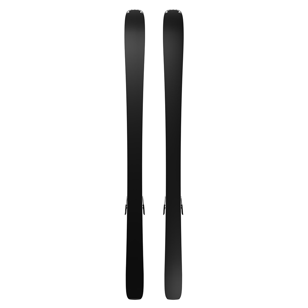 A pair of blue and black Salomon E Stance W 80 women's skis that are designed for both on and off piste skiing.