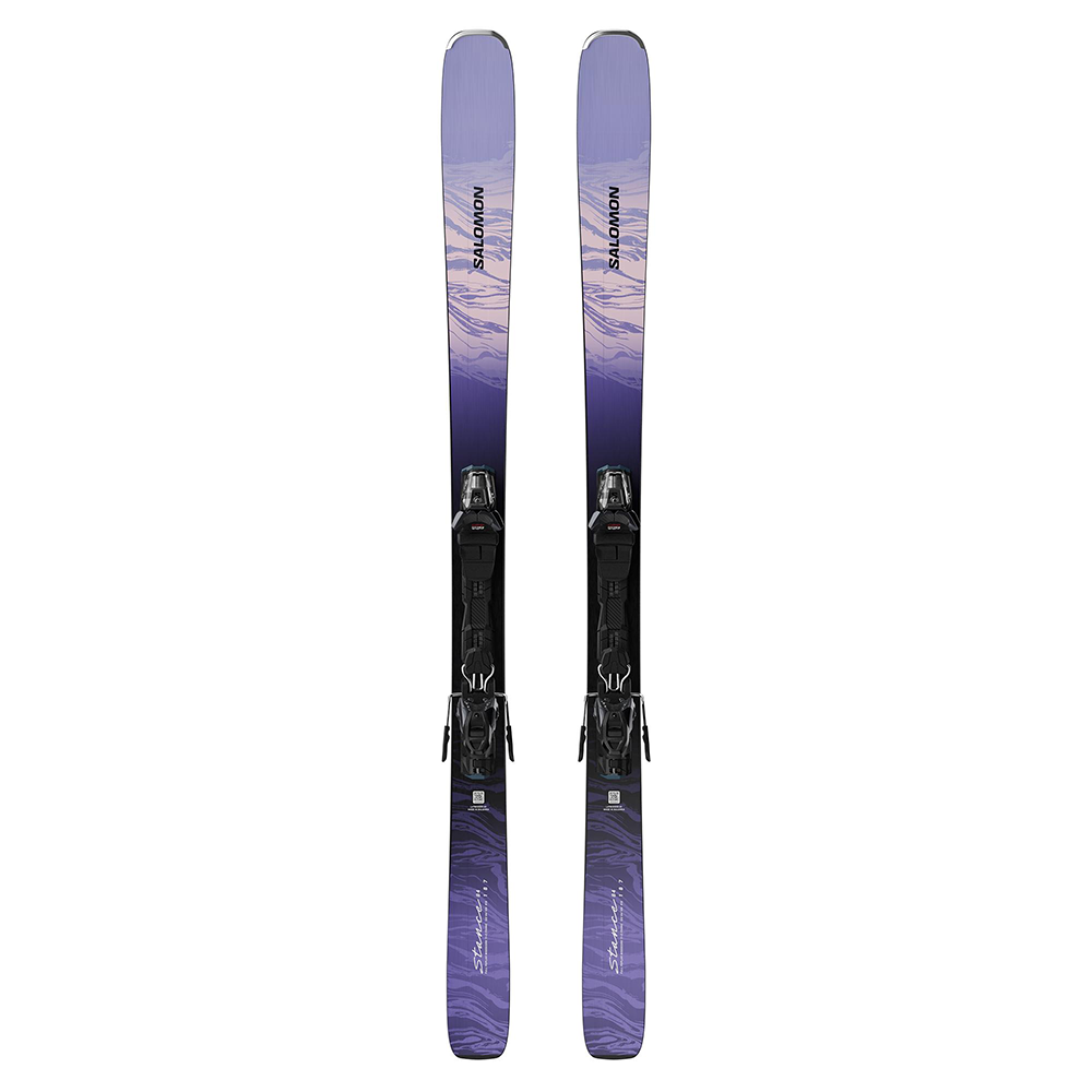 A pair of purple and black Salomon E Stance W 84 women's skis that are designed for both on and off piste use.