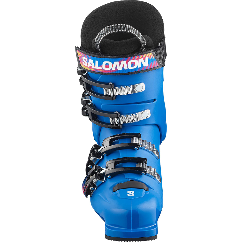 A Salomon Equipe 60T L ski boot in vibrant blue with black buckles and straps, accented by pink and orange graphics, featuring a 60 flex rating.