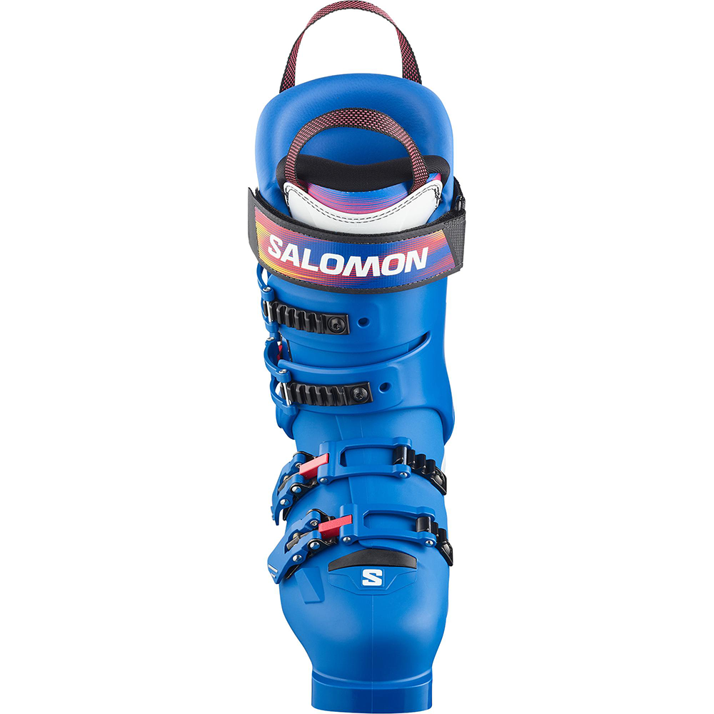 A Salomon Equipe 70 ski boot in vibrant blue, featuring white brand lettering, black buckles, and a 70 flex rating.