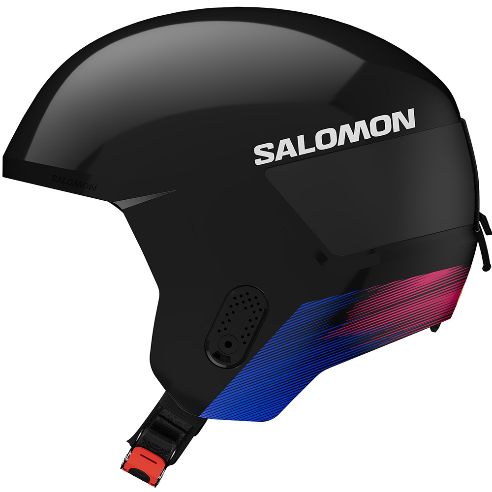 A black Salomon Equipe Pro FIS MIPS ski helmet that is designed for ski racing.