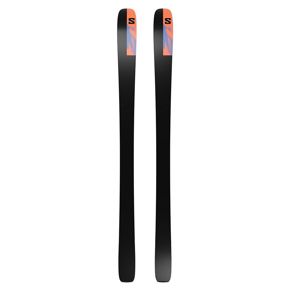 A pair of black and blue Salomon N Stance Pro 90 Skis that feature a 90mm waist, full rocker tips and tails, and are designed for all-mountain skiing.