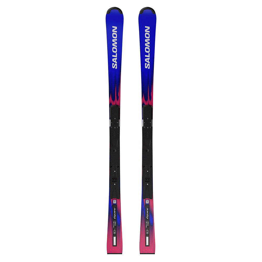 A pair of Salomon NI Equipe FIS SL 150 Race skis with black bases, featuring blue and pink flame-like graphics and white Salomon branding.