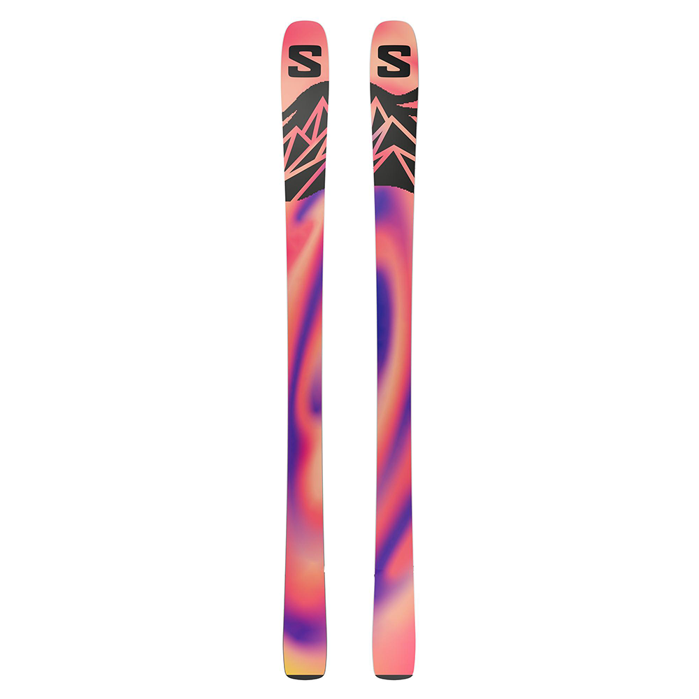 The bases of a pair of black 2027 Salomon QST 94 skis that are designed for all-mountain and freeride skiing.