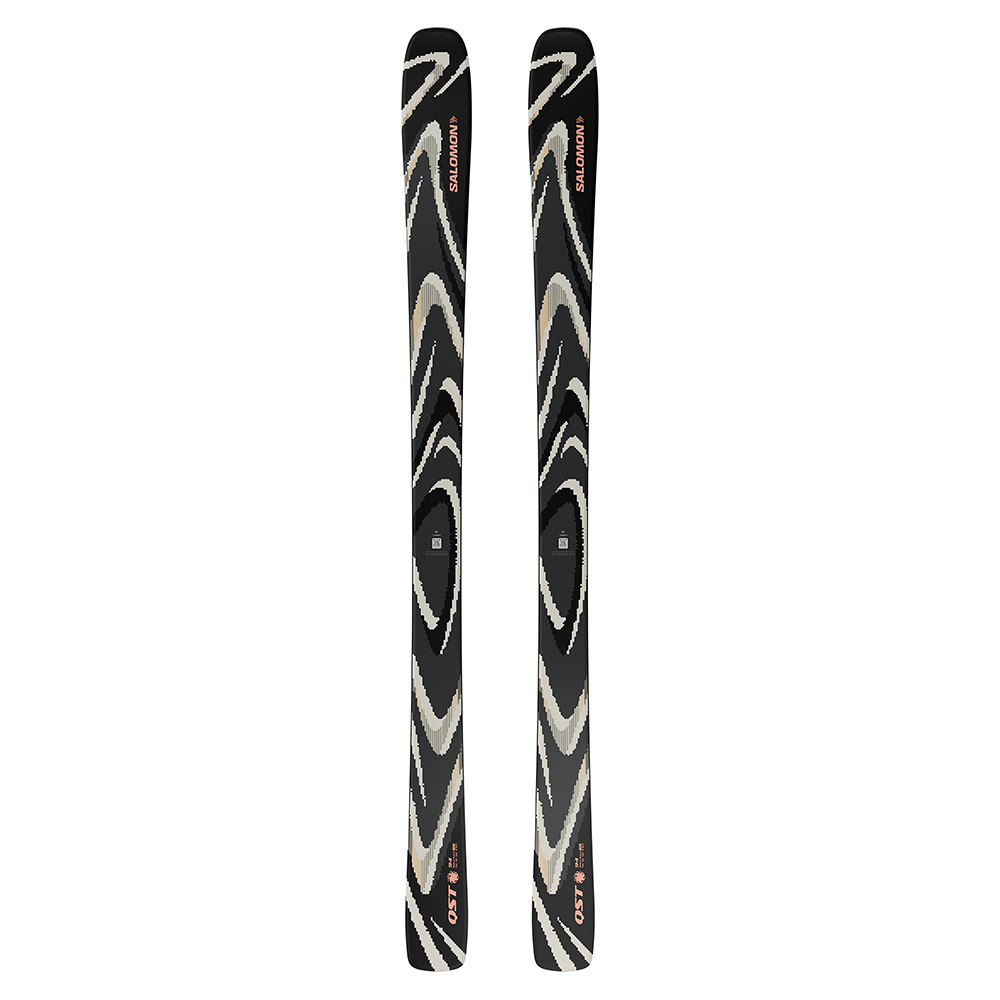A pair of black 2027 Salomon QST 94 skis that are designed for all-mountain and freeride skiing.