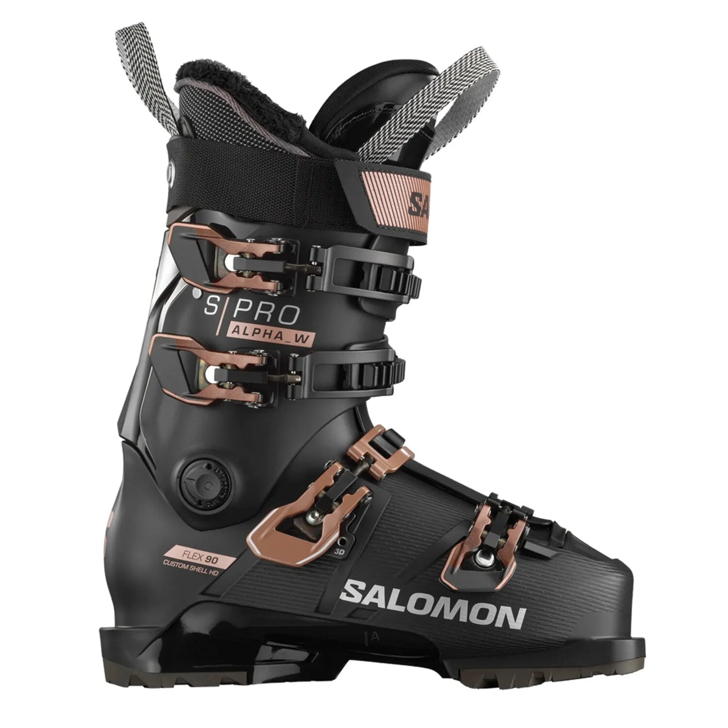 A black Salomon ski boot with the label 'S/PRO ALPHA 90' and rose gold accents.