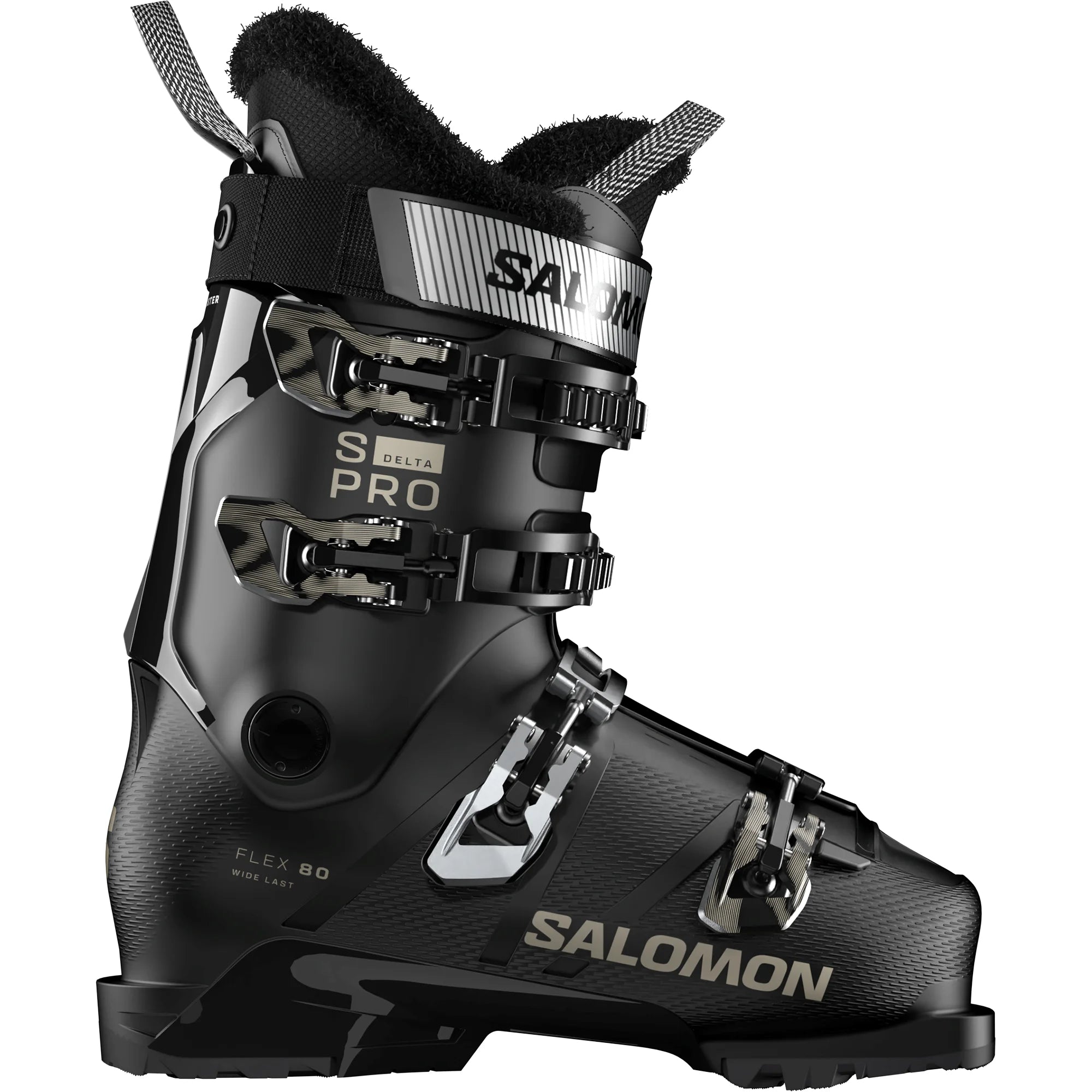 A black Salomon S/PRO Delta 80 Women's ski boot that features a roomy 102mm last and GripWalk soles.