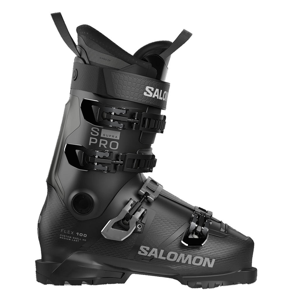 A black Salomon S/Pro Supra 100 ski boot that is designed for men and features a 100 flex rating as well as a medium volume fit.