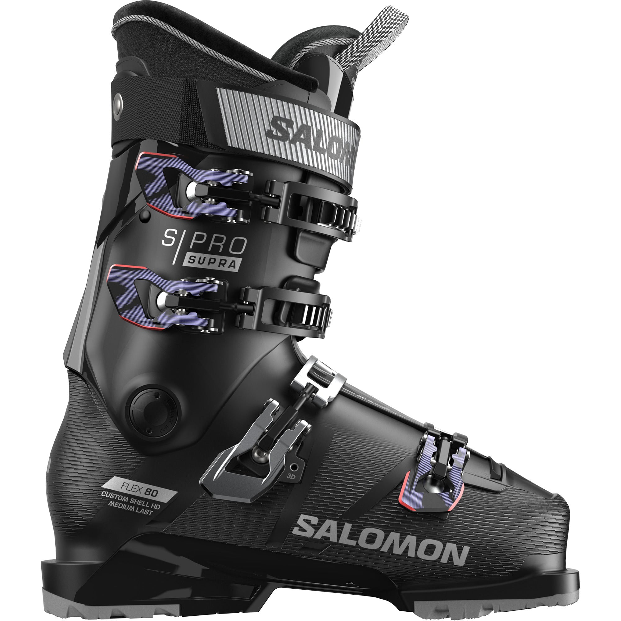 A black and purple Salomon S/Pro Supra 80 Women's ski boot that features a sturdy construction and GripWalk soles.