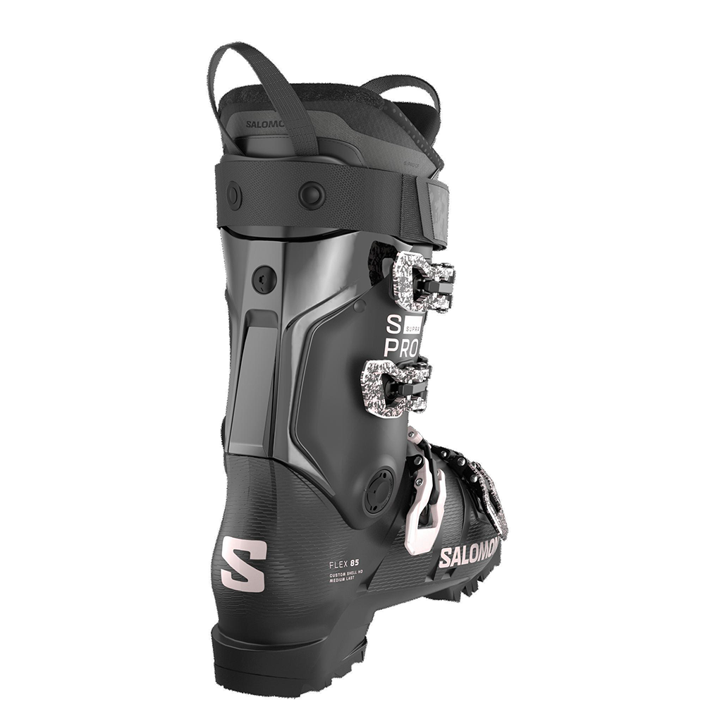A black Salomon S/Pro 85 W ski boot that is designed for women and features an 85 flex rating and a medium-volume fit.