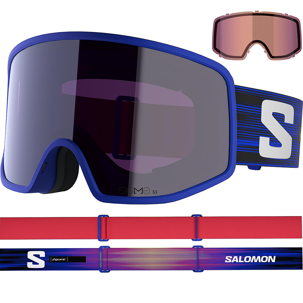 A pair of Salomon Sentry Pro Sigma Equipe Goggles that come with two lenses and are intended for use with ski racing helmets.