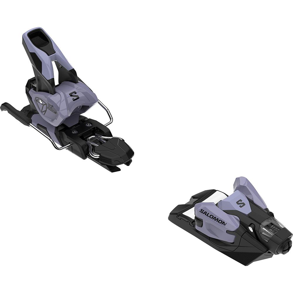 A Salomon Strive 12 ski binding in the Cosmic colorway that pairs with the QST 100 skis.