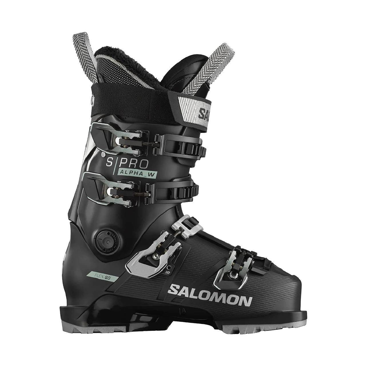 A black Salomon S/PRO ALPHA 80 women's ski boot with adjustable buckles and branding on the side.