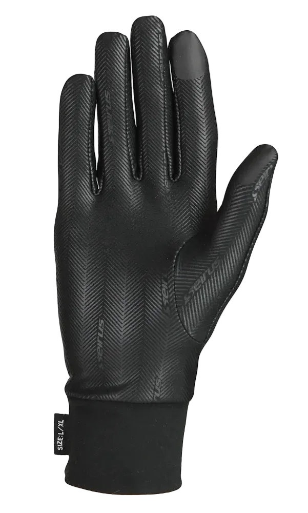 A black and grey Seirus Soundtouch Heatwave Glove Liner that is designed for use with touchscreens and will keep hands warm in winter conditions.