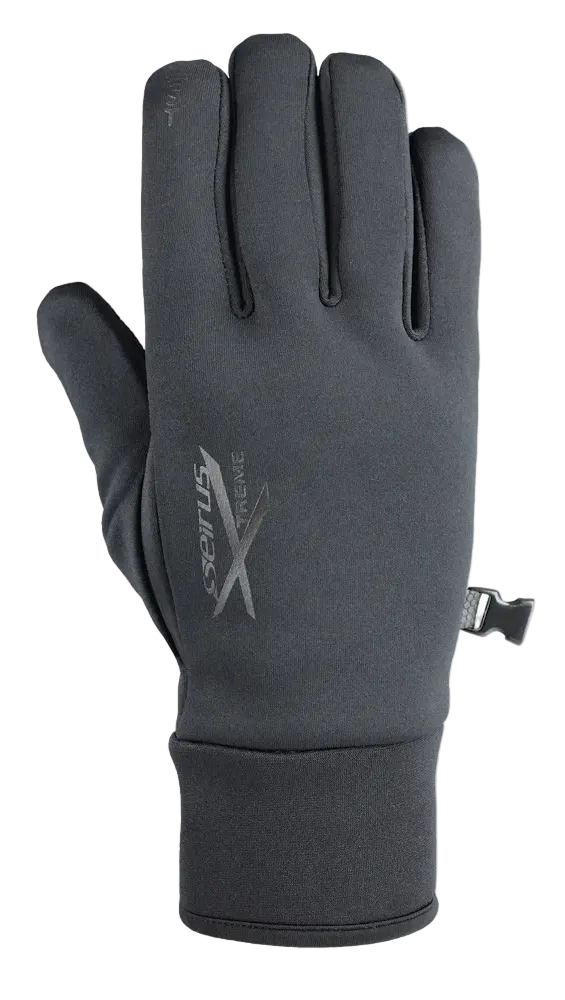 Black Seirus Men’s Xtreme Soundtouch All Weather Glove featuring a form-fitting 4-way stretch fabric shell, waterproof/breathable membrane, touchscreen-compatible Soundtouch fingertips, fleece lining, fitted stretch cuff, side pairing clip, and Seirus logo printed on the back of the hand.