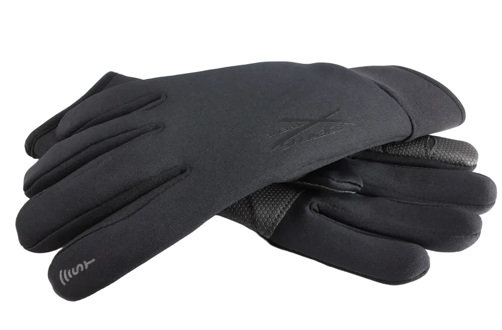Black Seirus Men’s Xtreme Soundtouch All Weather Glove featuring a form-fitting 4-way stretch fabric shell, waterproof/breathable membrane, touchscreen-compatible Soundtouch fingertips, fleece lining, fitted stretch cuff, side pairing clip, and Seirus logo printed on the back of the hand.