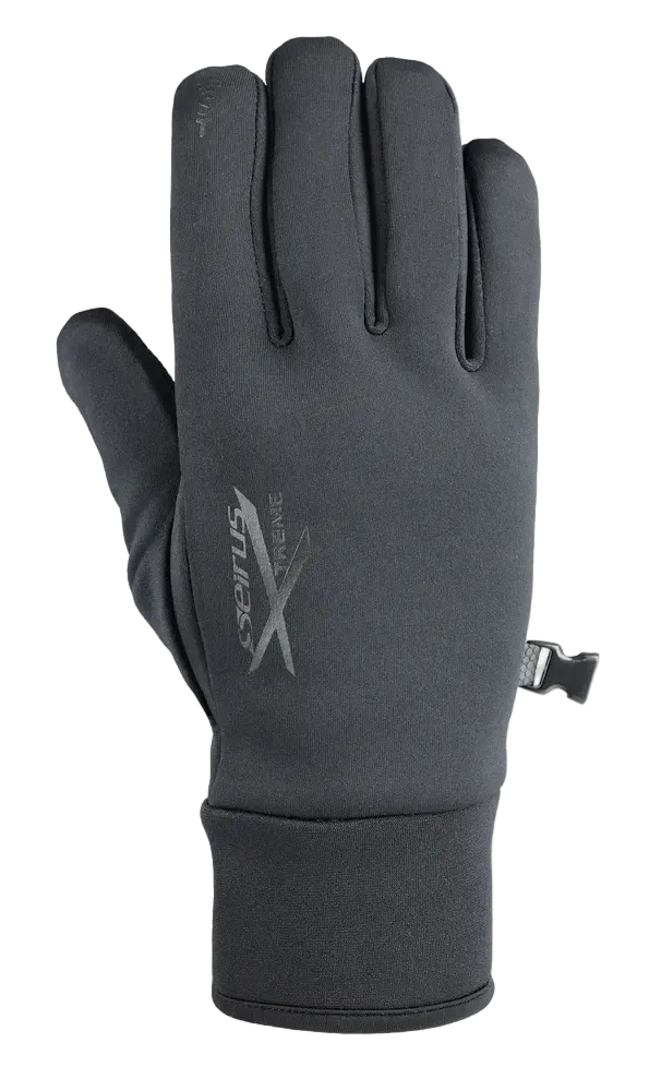 A black Seirus Women's Xtreme Soundtouch All Weather Glove that are lightweight, low-bulk, breathable, and waterproof.