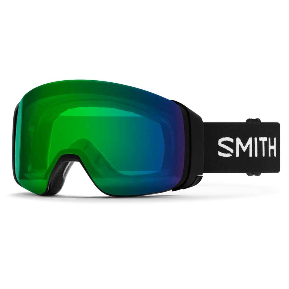 Front view of the Smith 4D MAG Goggles featuring down-curved BirdsEye Vision optics, integrated magnetic MAG outrigger levers, a ChromaPop dual-lens assembly, triple-layer DriWix face foam, and an ultra-wide silicone-backed strap.