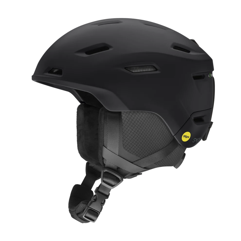 Side view of a black Smith Descend MIPS Round Contour Fit Helmet featuring round internal geometry, lightweight in-mold construction, zonal Koroyd honeycomb structures, 16 regulator-controlled vents, and an adjustable fitment dial.