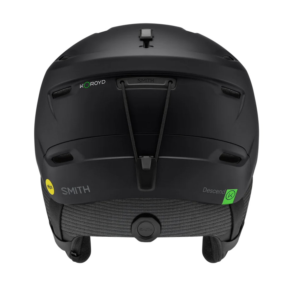 Rear view of a black Smith Descend MIPS Round Contour Fit Helmet featuring round internal geometry, lightweight in-mold construction, zonal Koroyd honeycomb structures, 16 regulator-controlled vents, and an adjustable fitment dial.