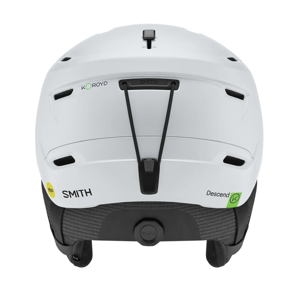 Rear view of a white Smith Descend MIPS Round Contour Fit Helmet featuring round internal geometry, lightweight in-mold construction, zonal Koroyd honeycomb structures, 16 regulator-controlled vents, and an adjustable fitment dial.