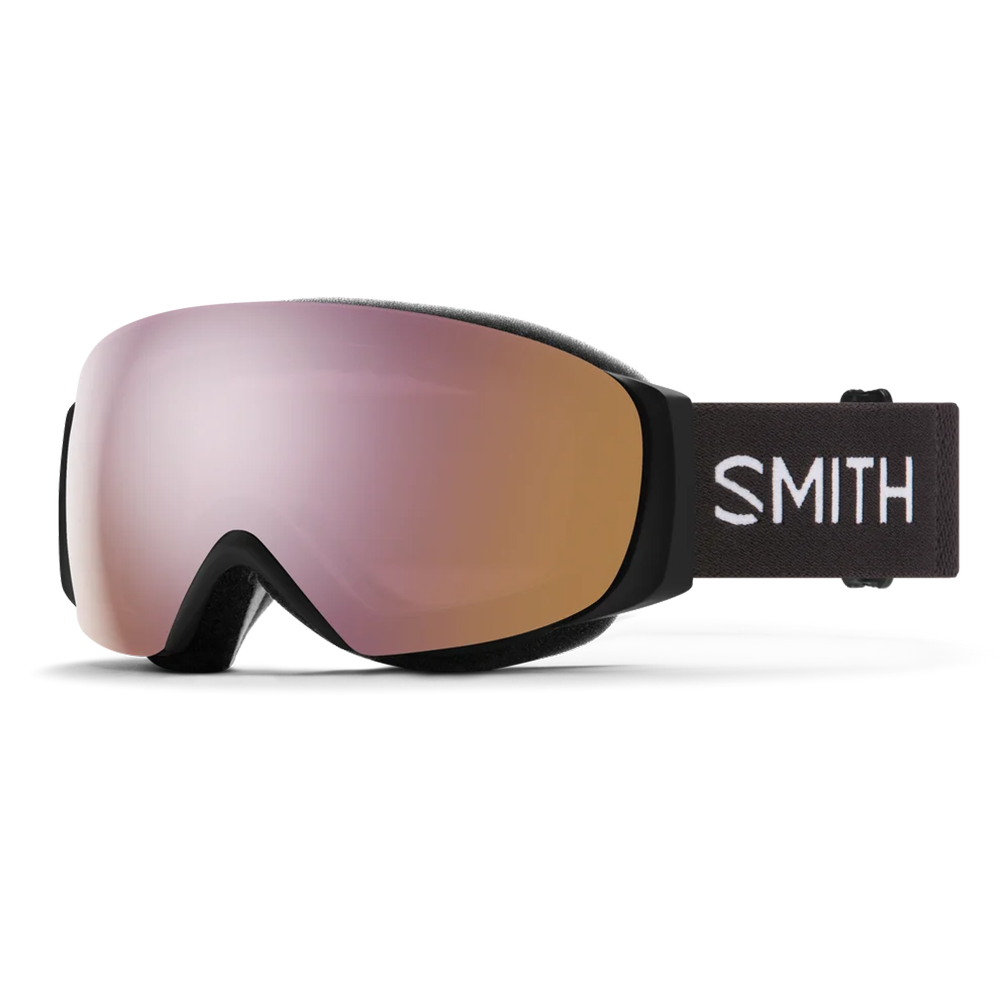 Front view of the Smith I/O MAG S Goggles featuring a scaled-down frame, spherical Carbonic-x ChromaPop lens, integrated magnetic MAG retention levers, triple-layer DriWix face foam, and a silicone-backed QuickFit strap.