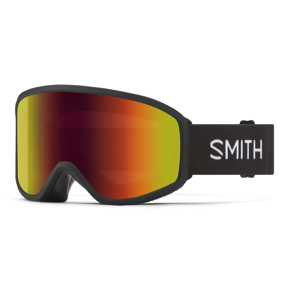 Front view of the Smith Reason OTG Goggles featuring an over-the-glasses compatible frame, floating foam temple membrane, cylindrical Carbonic-x lens, double-layer DriWix face foam, and a silicone-backed QuickFit strap.