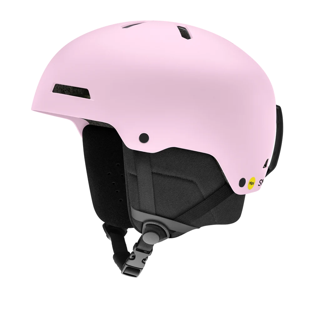 A matte pink Smith Rodeo Mips helmet that is designed for skiing and snowboarding and features Mips protection.